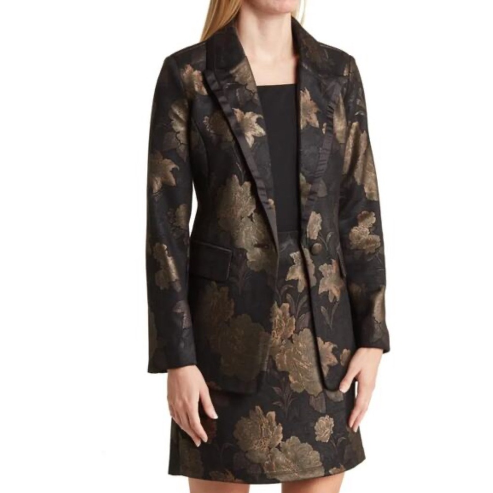 Avec Les Filles Floral Jacquard Tuxedo Blazer Womens XL Black Gold Brocade Dark